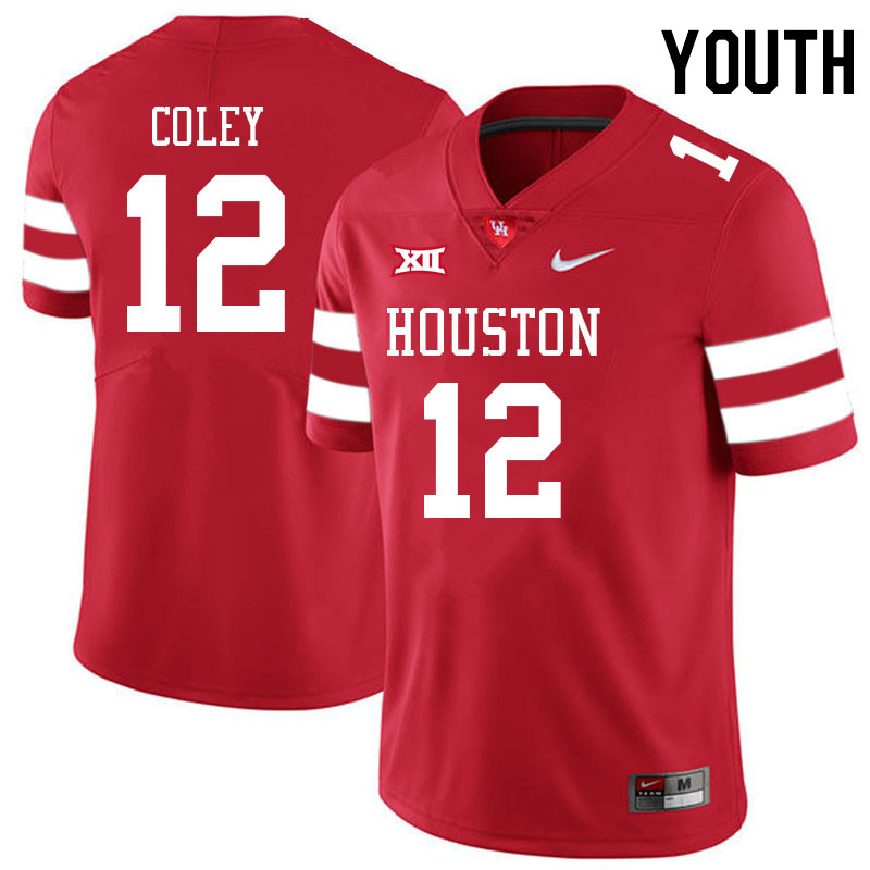 Youth #12 Lucas Coley Houston Cougars College Big 12 Conference Football Jerseys Sale-Red - Click Image to Close